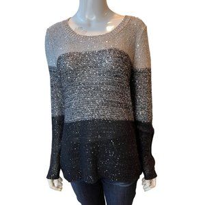 Belldini Women Pullover Sweater Sequin Striped Glittery Round Neck Gray SZ Large